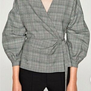 Zara Gray Plaid Wrap Blouse